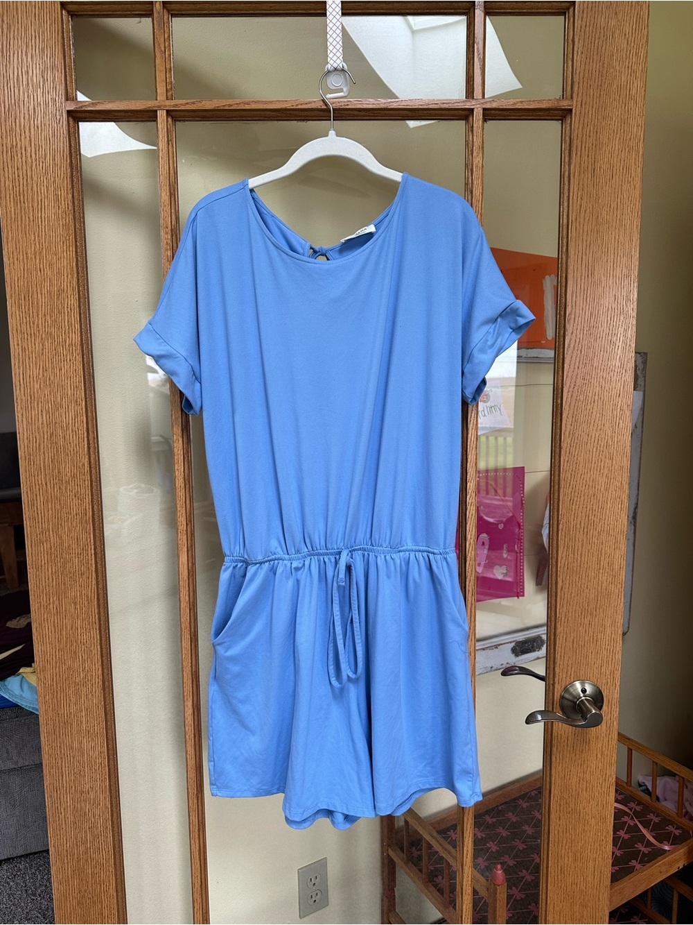 Zenana Outfitters Light Blue Short-Sleeve Drawstring Romper